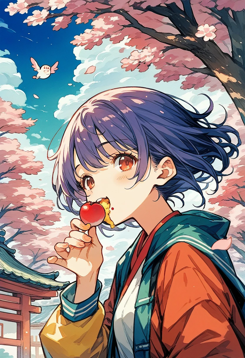 cover_page, Watercolor, Momotaro Wear peach-marked hachimaki, jinbaori, cherry blossom tree, ogre, joyful moment, dango, eating,