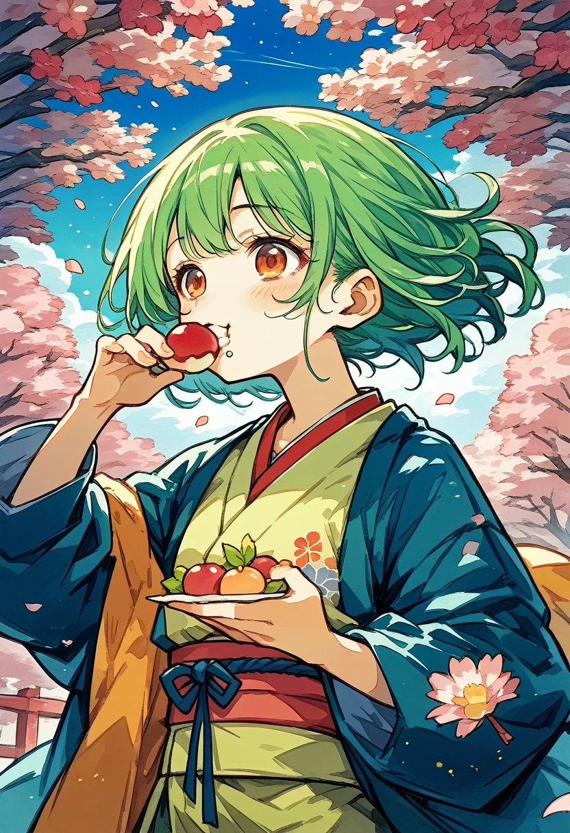 cover_page, Watercolor, Momotaro Wear peach-marked hachimaki, jinbaori, cherry blossom tree, ogre, joyful moment, dango, eating,