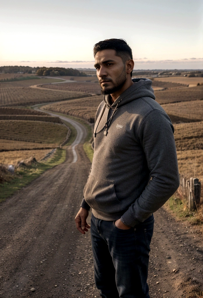 a latin man, 28 years old dark, without so much front, with comb over haircut , for the side and beard black, barba mediana, warm with white hooded sweatshirt, with jeans, standing in profile he looks at the horizon and thinks about his entire life, 1 man on the scene in the distance, far has to be far, a countryside scene, and a gravel road. wide angle camera scene, contemplative scene, full body shot, sun and daylight, movie perspective, High Definition, photorealistic