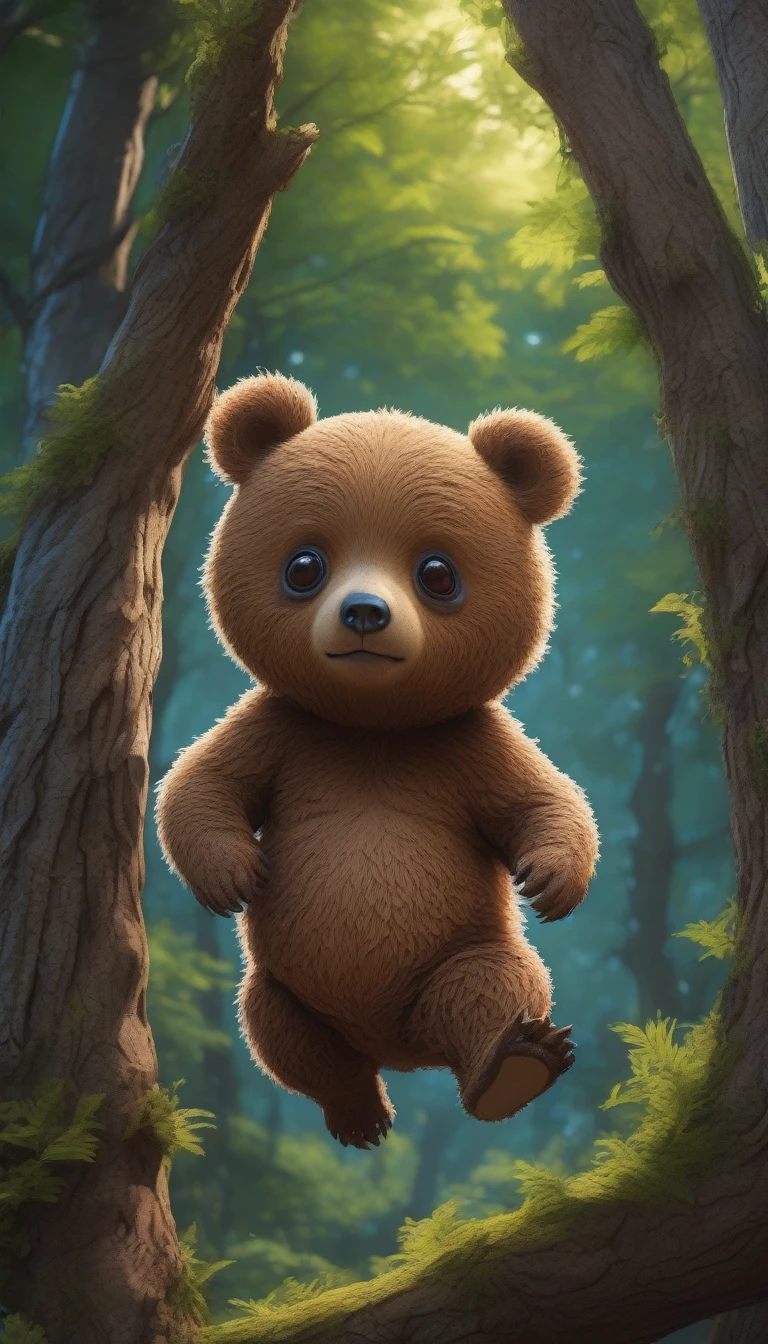 Great image quality, masterpiece, best image quality, super detailed, super detailed, UHD, HDR, DOF, depth of field, fictional very cute little creature in a temperate hardwood forest that is a cross between a momonga and a bear, momonga figure with big eyes and small bear ears, jumping from tree to tree, entire body