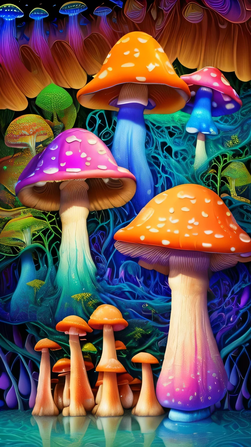 ((surrealism style)), (colorful magical mushrooms energy flowing through the air, repeating fractal patterns, trippy:1.5), (rickety wooden building:1.1), (by a vast water fall in the dense jungle:1.3),, ((best quality)), ((masterpiece)), ((ultra realistic)), beautiful intricately detailed soft oil painting,