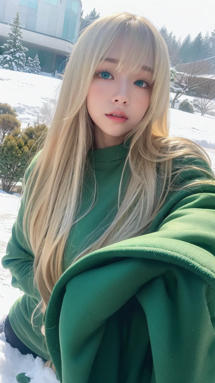 pale blonde teenage girl with bangs long soft silky hair blue-green eyes with long green sweatshirt and green pants, taking a close-up taking a photo in the snow