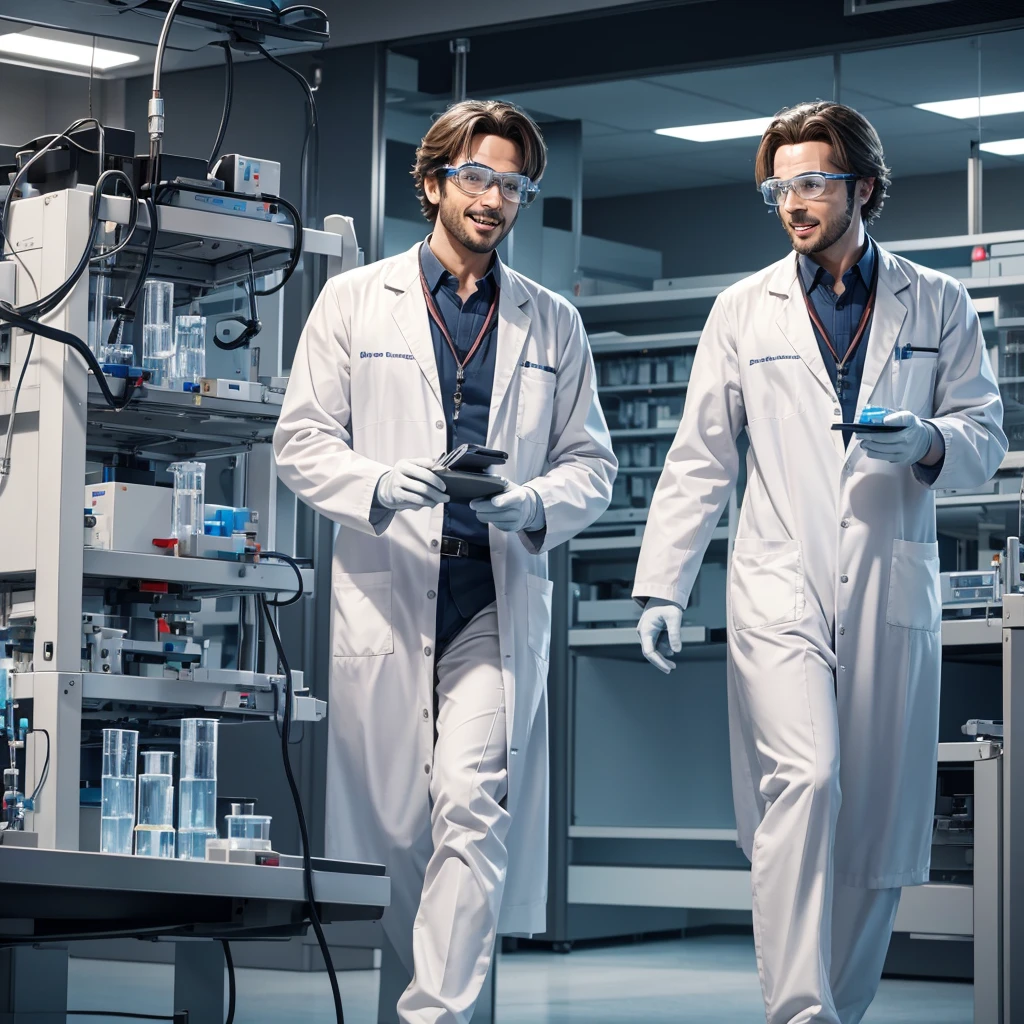 2 male scientists in lab happy and scared because they are going to start the coutdown for mission mangle