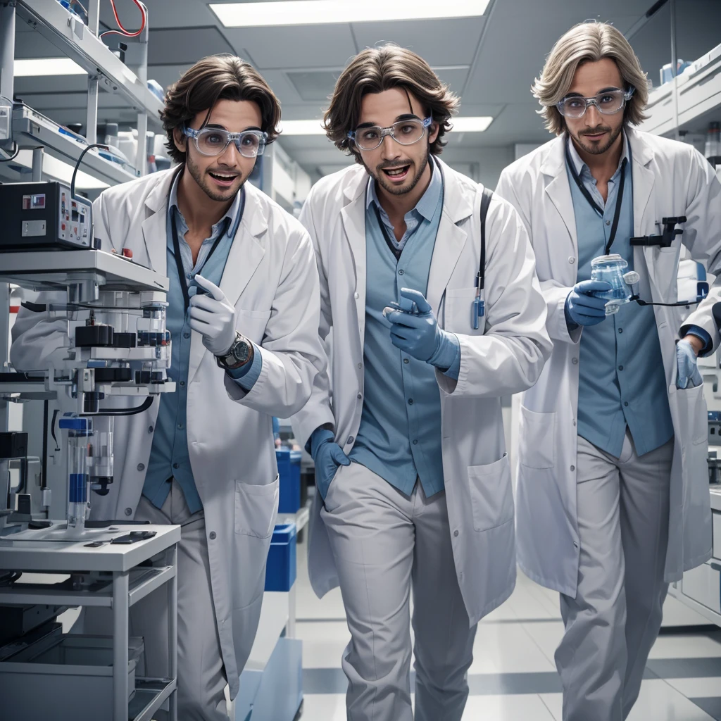 2 male scientists in lab happy and scared because they are going to start the coutdown for mission mangle