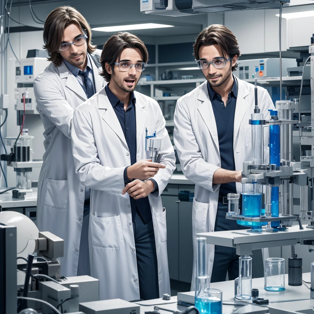 2 male scientists in lab happy and scared because they are going to start the coutdown for mission mangle