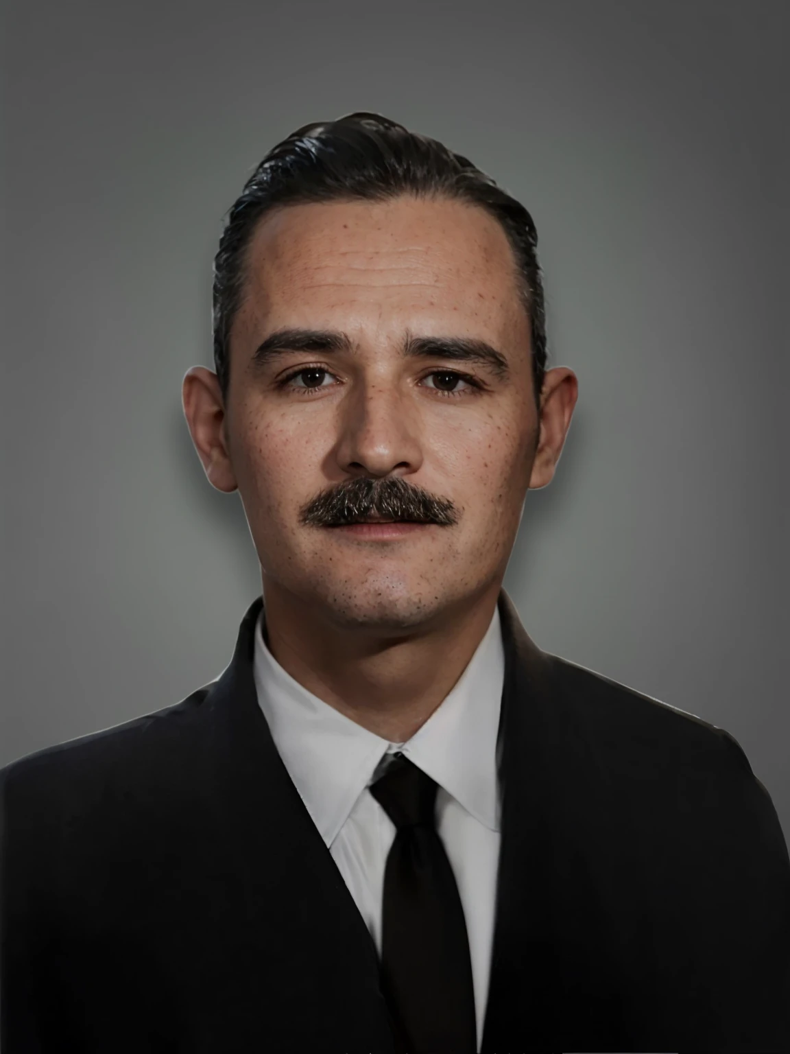 Make this photo look realistic and detailed, there is a man in a black suit and tie with a mustache, 50 years old man, Pablo Hurtado de Mendoza, ignacio fernandez rios, Juan Jose Serrano, a colorized photo, very detailed potrait, realistic portrait photo, close up potrait, profile portrait, very detailed face, very realistic face, very perfected face, very detailed clothes, very realistic clothes, very perfected clothes