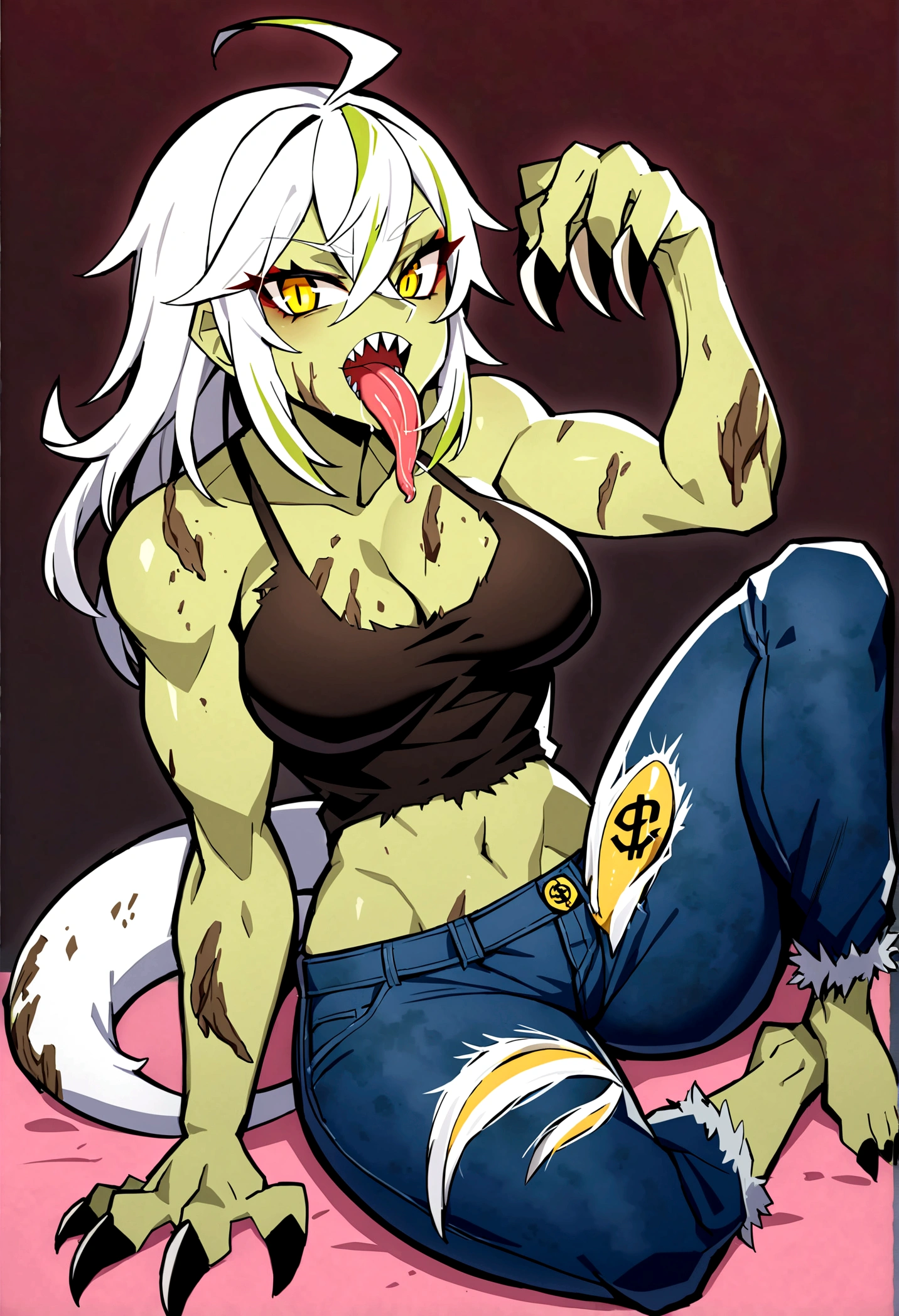 short, medium chest, sharp teeth, white hair streaked with green, greenish skin, sharp teeth, yellow eyes, long tongue, strong thighs, strong legs, firm rough feet, creepy, sharp claws, dirty, golden dollar sign, simple dirty top, short ripped jeans, barefoot