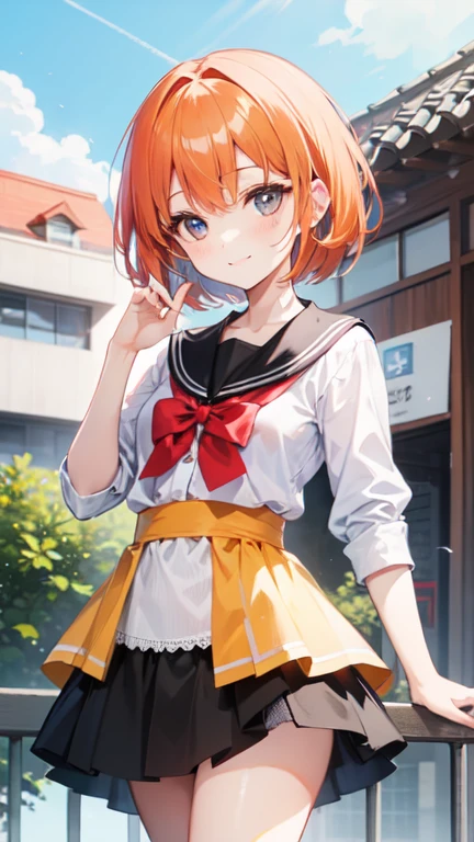 Super delicate orange haired cute girl、Junior high school students、8k ultra high definition, Delicate texture, short hair、Black mini skirt、summer park、daytime、Friendly Smile、looking into camera