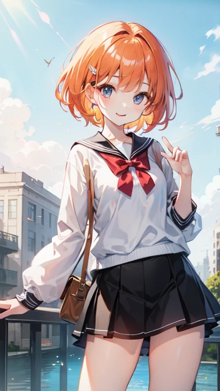 Super delicate orange haired cute girl、Junior high school students、8k ultra high definition, Delicate texture, short hair、Black mini skirt、summer park、daytime、Friendly Smile、looking into camera