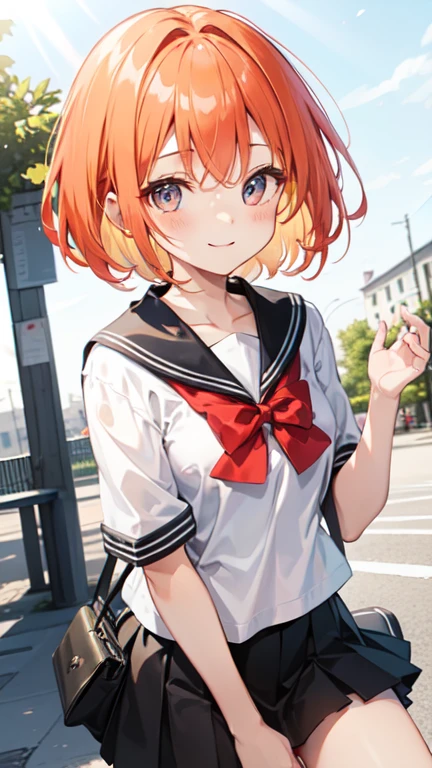 Super delicate orange haired cute girl、Junior high school students、8k ultra high definition, Delicate texture, short hair、Black mini skirt、summer park、daytime、Friendly Smile、looking into camera