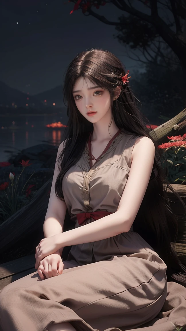1girl, girl with long black hair, smiling, cheerful, the girl wearing red long dress, girl is lie down among a wide expanse of flowers,girl posing gracefully , surrounded by beautiful flowers, Calm and peaceful atmosphere, night, moonlight , Beautiful glowing butterflies surround the girl lighting up the darkness of the night, magic,Romantic, the night breeze blows the Sepoi Sepoi girl's hair,