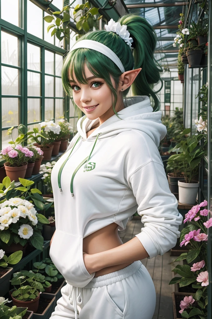 30 year old woman from Saturn, elf ears, thick athletic body, beautiful, cute, green ponytail hair with flower headband, in greenhouse, wearing white hoodie and white sweatpants, smile, in greenhouse, photoshoot