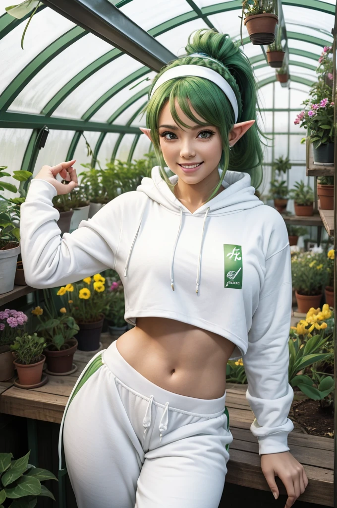 30 year old woman from Saturn, elf ears, thick athletic body, beautiful, cute, green ponytail hair with flower headband, in greenhouse, wearing white hoodie and white sweatpants, smile, in greenhouse, photoshoot