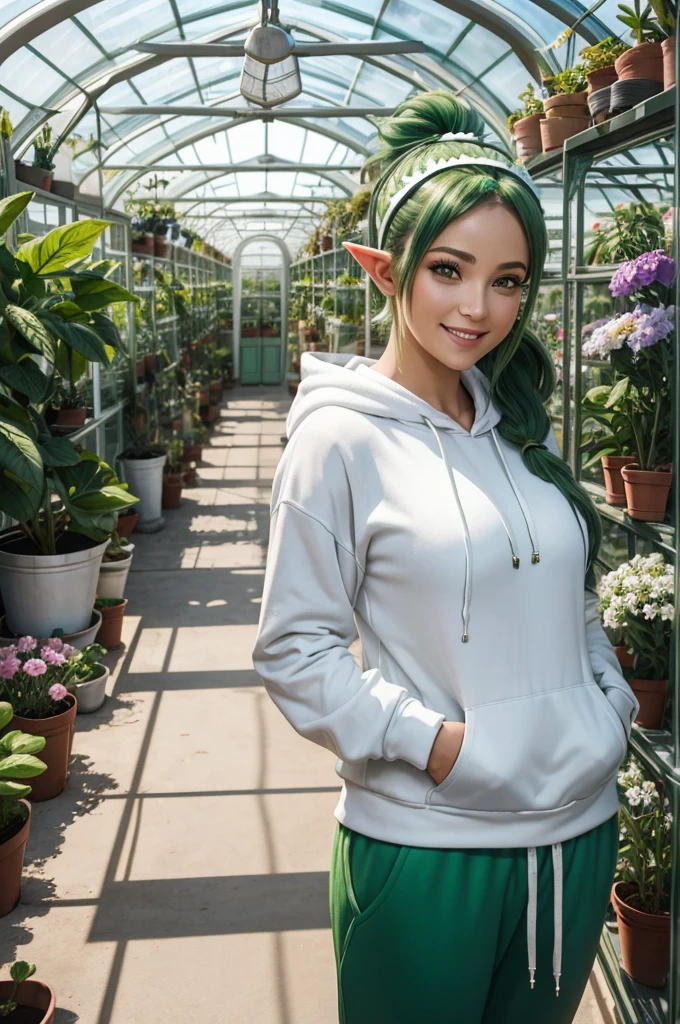 30 year old woman from Saturn, elf ears, thick athletic body, beautiful, cute, green ponytail hair with flower headband, in greenhouse, wearing white hoodie and white sweatpants, smile, in greenhouse, photoshoot