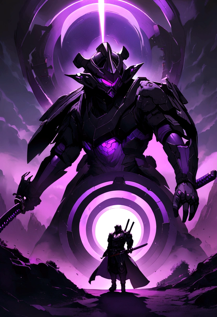 Out of the portal comes a sci fi samurai from the future in black armor with purple led and a purple techno katana 