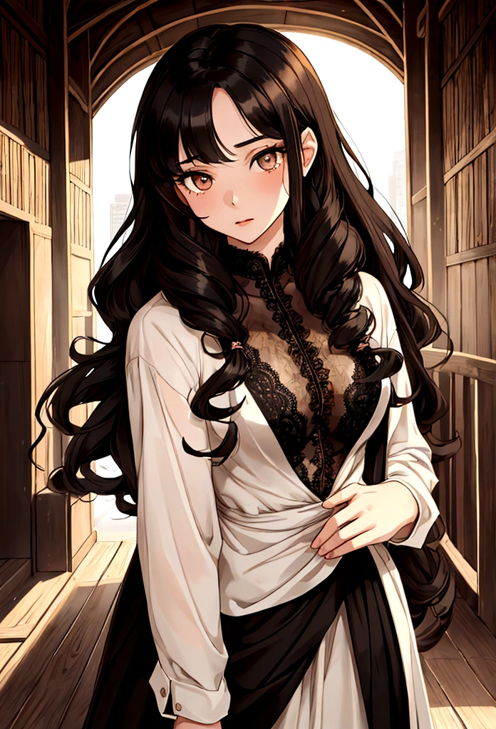 girl, YOUNG, Women, long curly black hair, curly hair, Brown eyes, hazel eyes, pale skin, light brown eyes, lace, with a boy, athletic with black hair and honey eyes, sharp, fucking