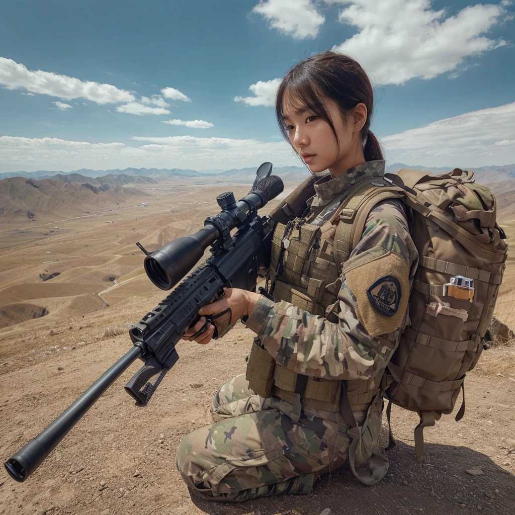 beautiful Korean woman, wearing a thick tactical uniform shirt and long tactical trousers, short hairstyle, smooth white skin. by holding an ak 74, vest, backpack bag. Collation on a high mountain peak,Barren fields. clear blue sky with few white clouds. fisheye lens shot, ultra-wide lens shot, verry realistic, detailed, sharp, detailed texture,high quality photos