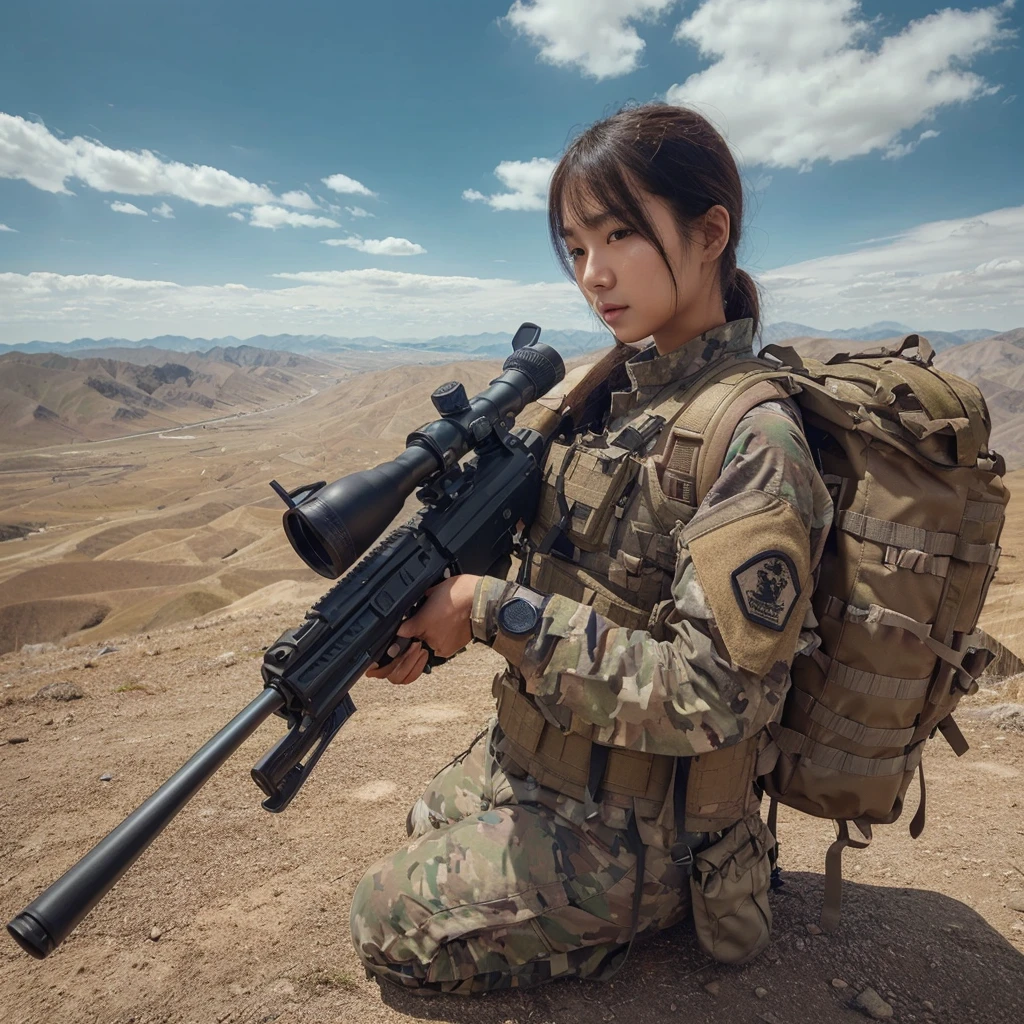 beautiful Korean woman, wearing a thick tactical uniform shirt and long tactical trousers, short hairstyle, smooth white skin. by holding an ak 74, vest, backpack bag. Collation on a high mountain peak,Barren fields. clear blue sky with few white clouds. fisheye lens shot, ultra-wide lens shot, verry realistic, detailed, sharp, detailed texture,high quality photos 