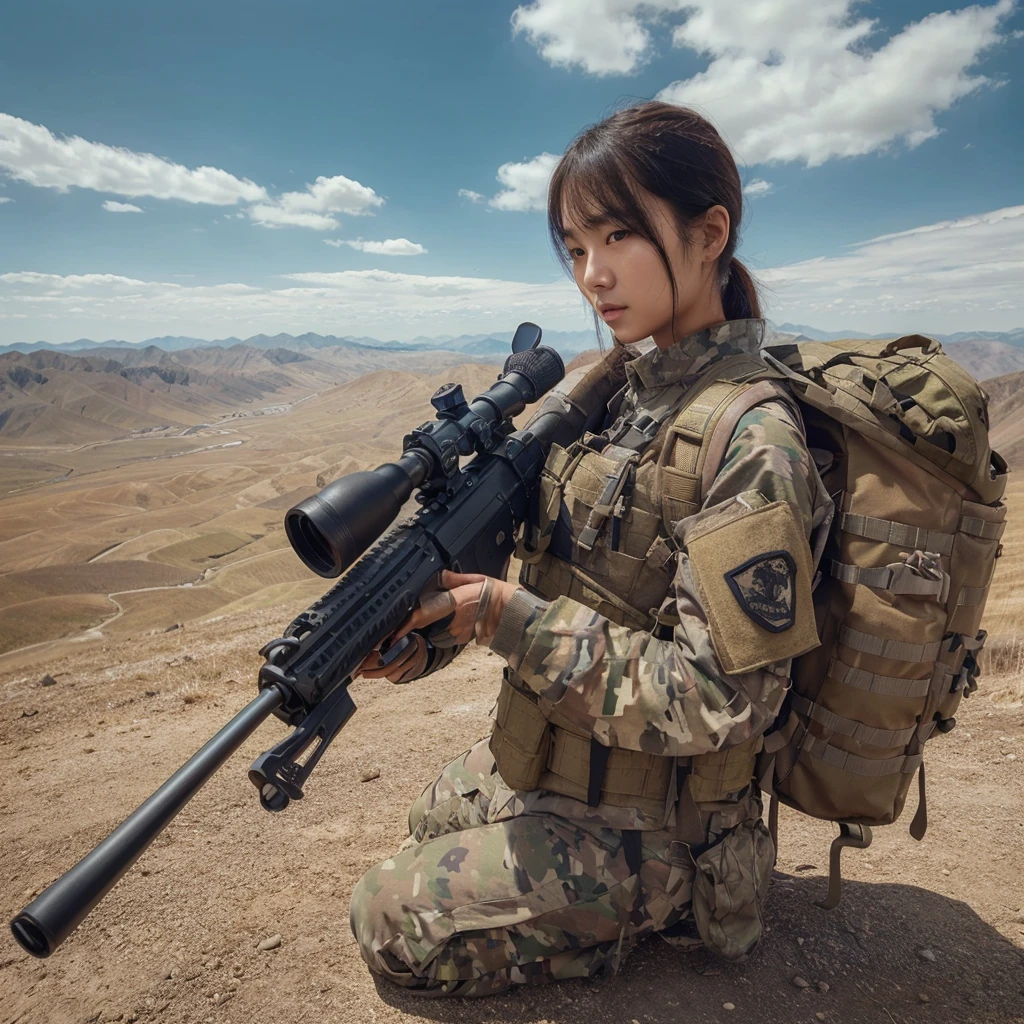 beautiful Korean woman, wearing a thick tactical uniform shirt and long tactical trousers, short hairstyle, smooth white skin. by holding an ak 74, vest, backpack bag. Collation on a high mountain peak,Barren fields. clear blue sky with few white clouds. fisheye lens shot, ultra-wide lens shot, verry realistic, detailed, sharp, detailed texture,high quality photos