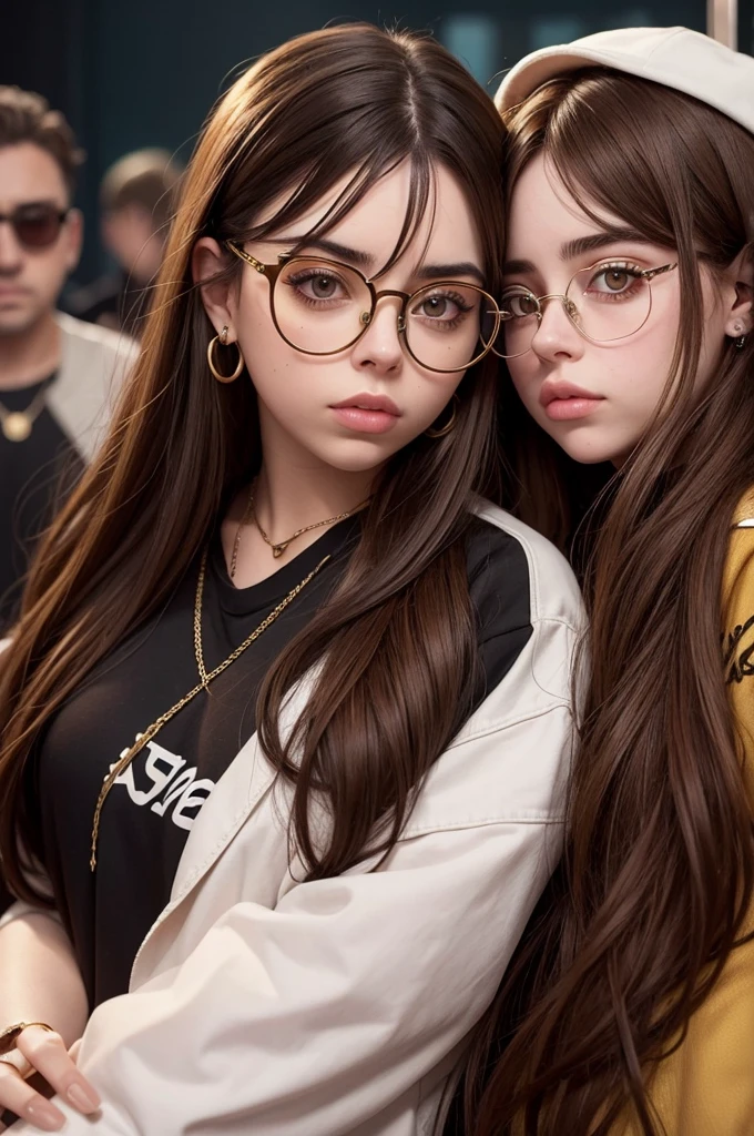 Create one with brown hair and round gold glasses and brown eyes, junto com a billie eilish