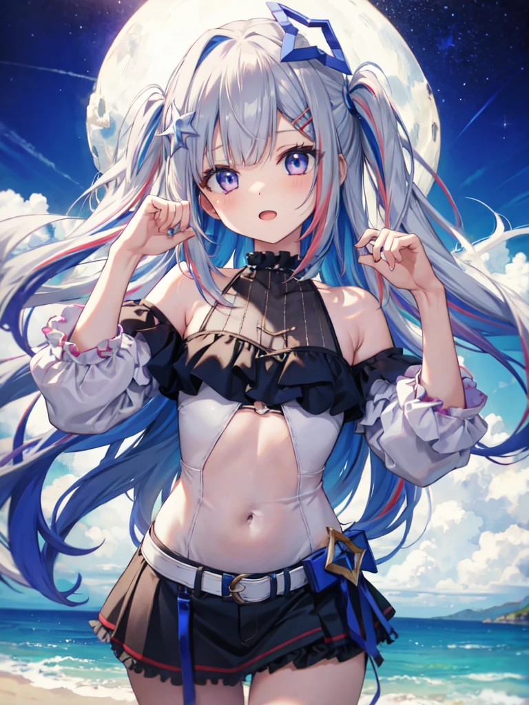 bikini, 1girl, long hair, multicolored hair, official alternate hair length, grey hair, colored inner hair, blue hair, purple eyes, halo, star halo, hair ornament, looking at viewer, bangs, open mouth, two side up, frills, hairclip, cowboy shot, sea, feel awkward, Exposed arms,