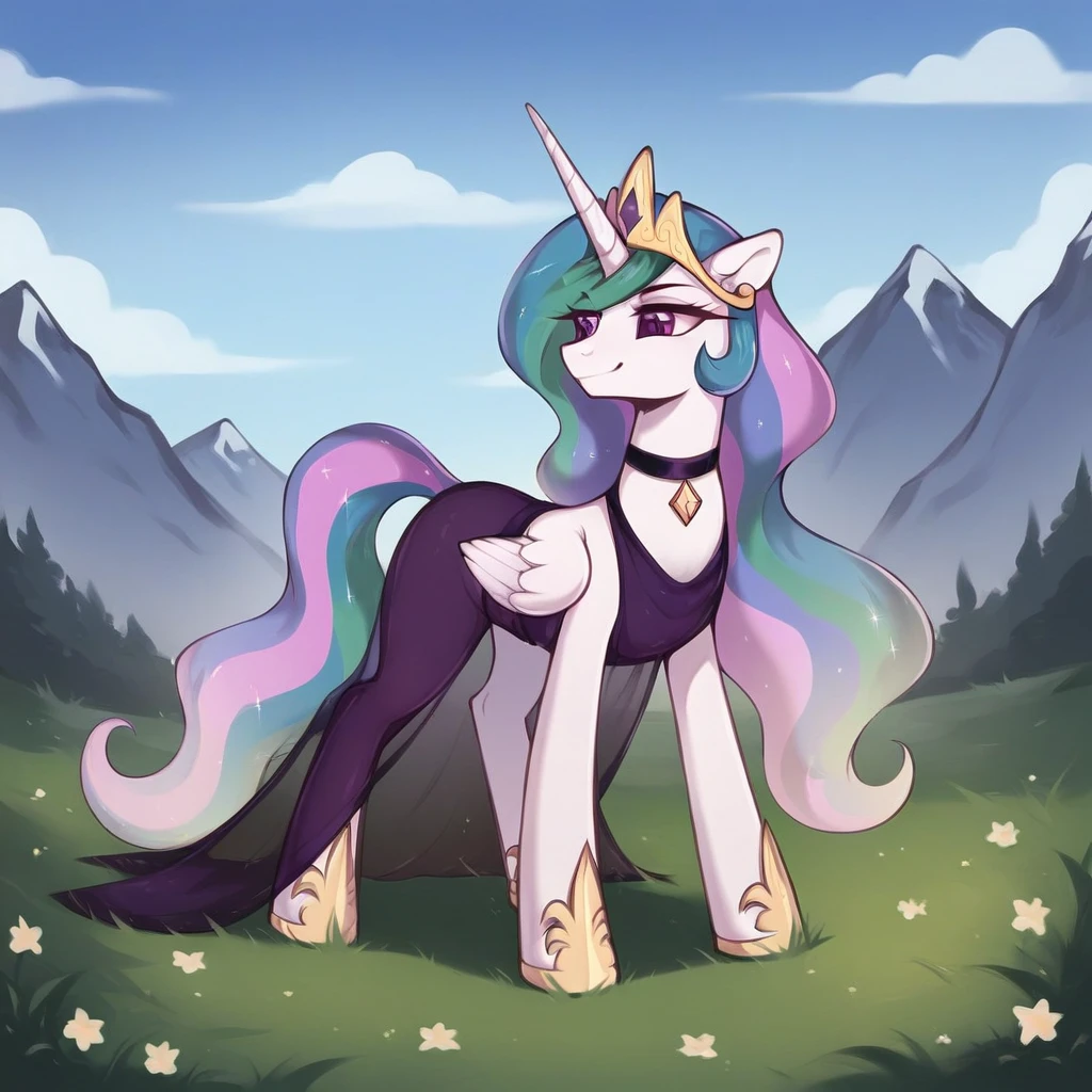 score_9, score_8_up, score_7_up, score_6_up, score_5_up, score_4_up, rating_explicit, outdoors, purple (see through purple dress and neck choker), solo, feral pony, princess  celestia, evil smile, closed mouth,BREAK mountain, day, sky, flower, kingdom, blue sky, grass 