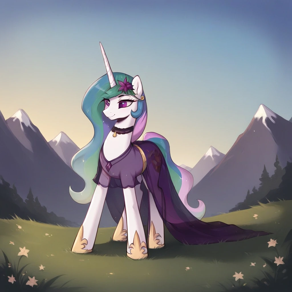 score_9, score_8_up, score_7_up, score_6_up, score_5_up, score_4_up, rating_explicit, outdoors, purple (see through purple dress and neck choker), solo, feral pony, princess  celestia, evil smile, closed mouth,BREAK mountain, day, sky, flower, kingdom, blue sky, grass 