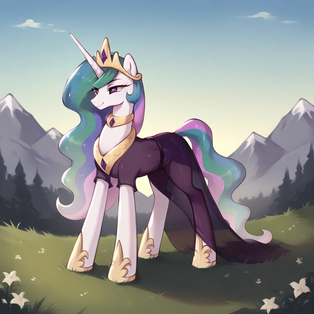 score_9, score_8_up, score_7_up, score_6_up, score_5_up, score_4_up, rating_explicit, outdoors, purple (see through purple dress and neck choker), solo, feral pony, princess  celestia, evil smile, closed mouth,BREAK mountain, day, sky, flower, kingdom, blue sky, grass 