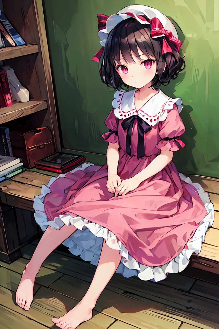 (masterpiece), (Highest quality), (Very detailed),Inabate,Black Hair,Curly Hair,Bobcut,Short-sleeved dress with red stitching at the hem,barefoot,ta,T々Kid,Clothes are pink