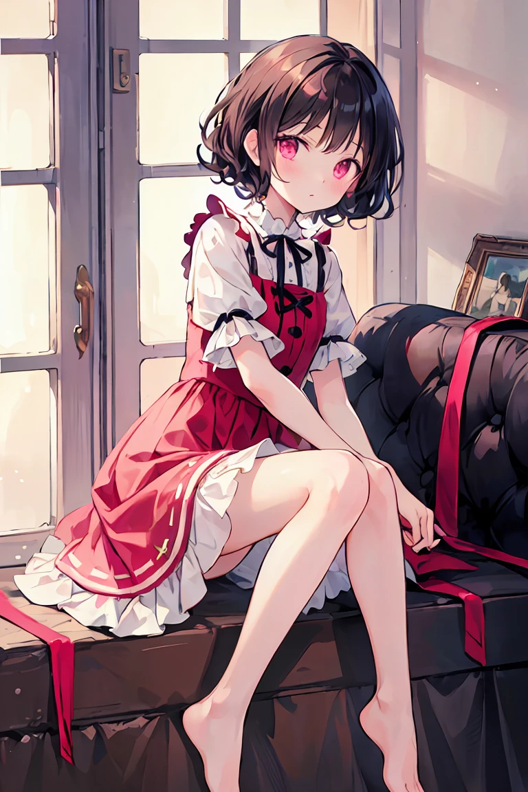 (masterpiece), (Highest quality), (Very detailed)，Inabate，Black Hair，Curly Hair，Bobcut，Short-sleeved dress with red stitching at the hem，barefoot，Lolita，T々Kid，Clothes are pink