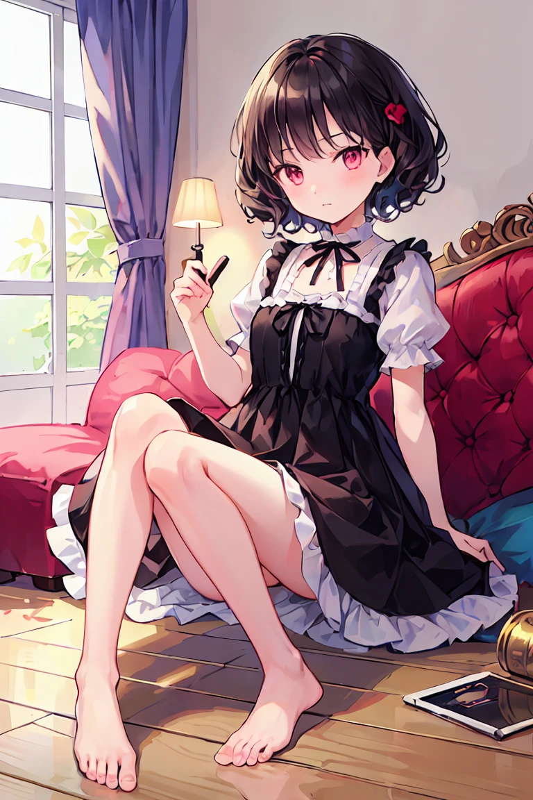 (masterpiece), (Highest quality), (Very detailed),Inabate,Black Hair,Curly Hair,Bobcut,Short-sleeved dress with red stitching at the hem,barefoot,ta,T々Kid,Clothes are pink