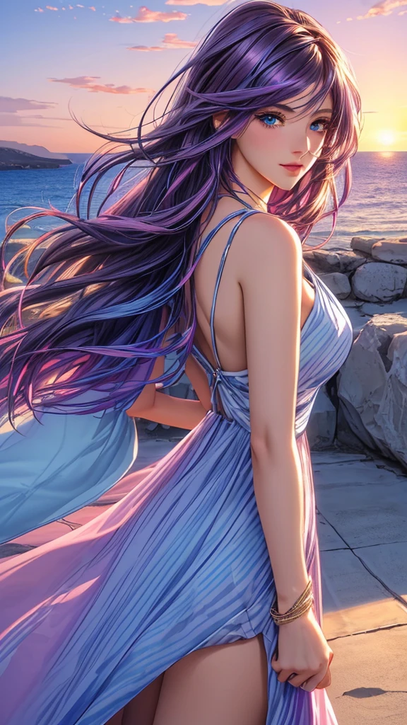 Woman in Greece portrait anime dark blue hair streaked pink purple hair blue eyes Nikon camera sunset hour realistic photography Beach House at Greek island animation realistic brown hair