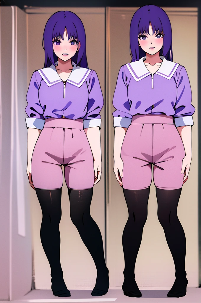 1girl, sumire kakei, standing, high res, ultrasharp, 8K, masterpiece, looking at viewer, pantyhose, open shirt