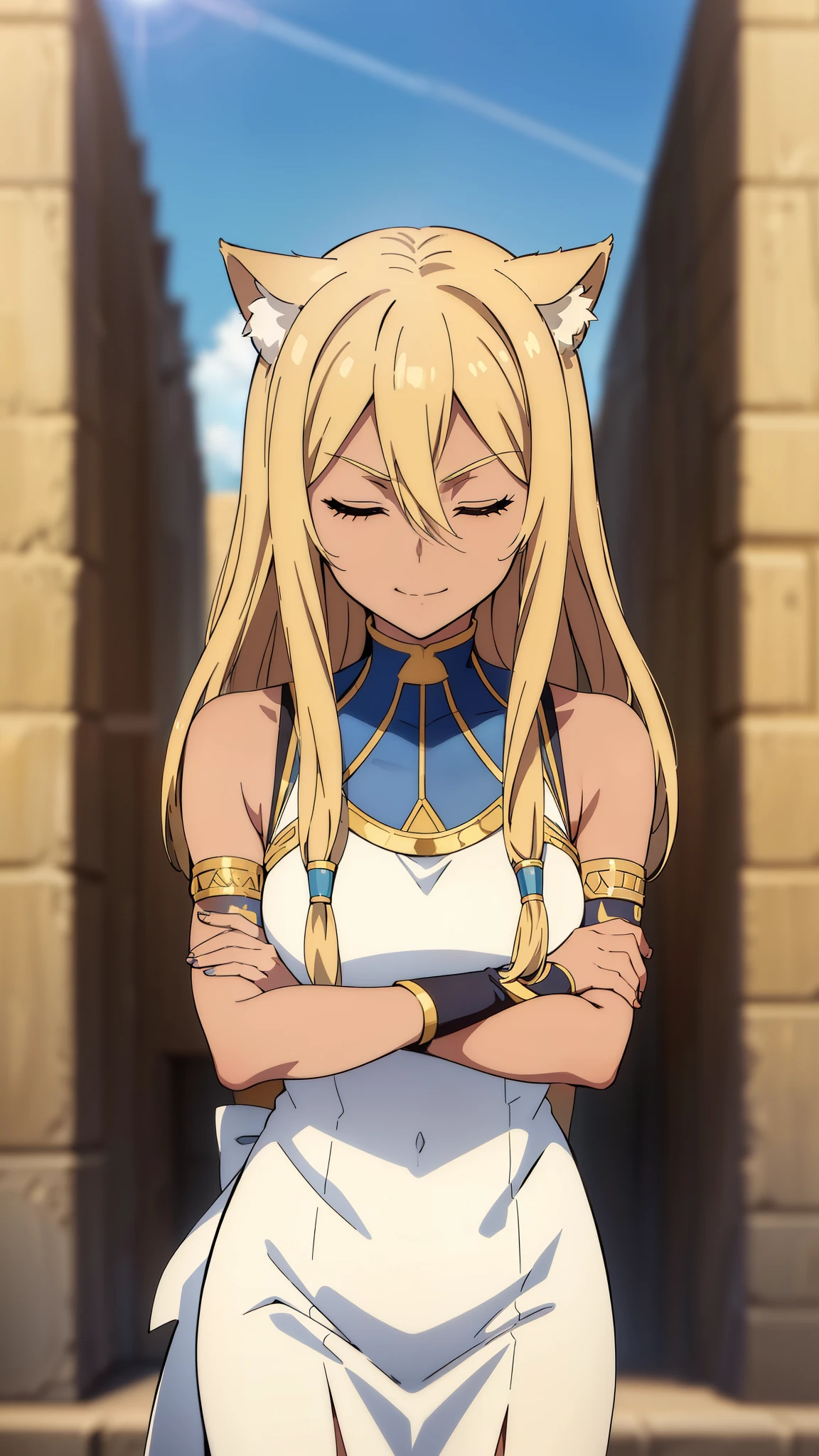 (1girl ,solo,20s,mature female),blonde hair,long hair,cat ears,closed eyes,(((dark skin))),(Egypt, blue sky, sun),white egypt oufit,bare shoulders,looking at view,smile,serious,crossed arms