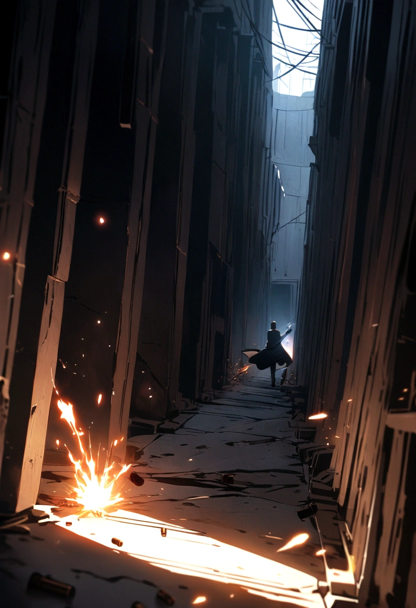 Intense shooting scene in a dark corridor, with bullets flying and sparks, secret agents hiding behind columns and shooting back, environment full of tension and danger.