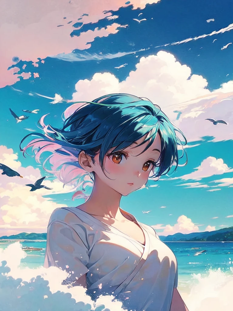 "Create a lively beach scene with bright colors. Paint a traditional Japanese wooden house a bright orange. The house should have several stories and be decorated with pink flowering trees, perhaps cherry blossoms, overhanging the roof. Include a red Volkswagen Beetle classic parked next to it The backdrop should feature a stunning view of the beach with clear blue water, white sand and several small boats in the distance, add majestic cliffs covered in lush greenery that contrast with the deep blue sky above orange trees laden with ripe fruit to enhance the colorful palette of the scene."