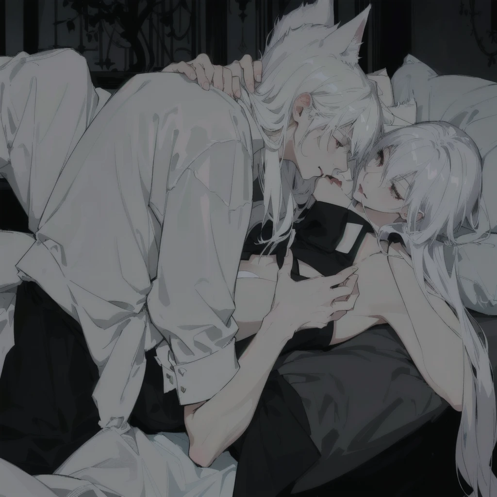 Anime couple lying on the bed with a cat on their back, Vampire White Fox, He holds her, While she sleeps, he has dark gray hair, depraved pose, Tumblr, anime white fox, wipe, 2 p, yay, 2b, in pixive, anime vampires, sad!, bite her lip, Sirius A and Sirius B, dramatic scene