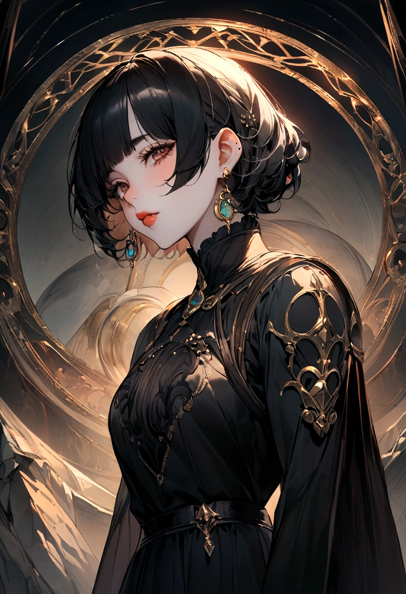 original,and its detailed CG unified 8K wallpaper,masterpiece,masterpiece,Best quality,Ultra-detailed details,Highest resolution,(Implications),Black short hair,Tilt inward,Thick bangs,There is a mole on the back of the left face,There is a mole under the right eye,White teeth,Small mouth,thick lips,The nose is slightly upturned,Eyes with double eyelids,Not big,There are two very small silver circles on the left ear.,Right ear also has,A lively feeling,Nails without nail polish,Big face,High-definition quality,Composition creation is best,The overall style is consistent