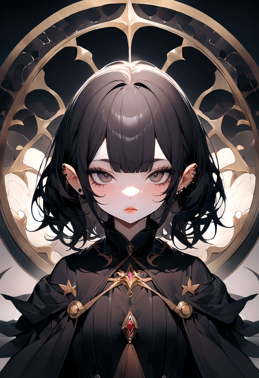 original,and its detailed CG unified 8K wallpaper,masterpiece,masterpiece,Best quality,Ultra-detailed details,Highest resolution,(Implications),Black short hair,Tilt inward,Thick bangs,There is a mole on the back of the left face,There is a mole under the right eye,White teeth,Small mouth,thick lips,The nose is slightly upturned,Eyes with double eyelids,Not big,There are two very small silver circles on the left ear.,Right ear also has,A lively feeling,Nails without nail polish,Big face,High-definition quality,Composition creation is best,The overall style is consistent