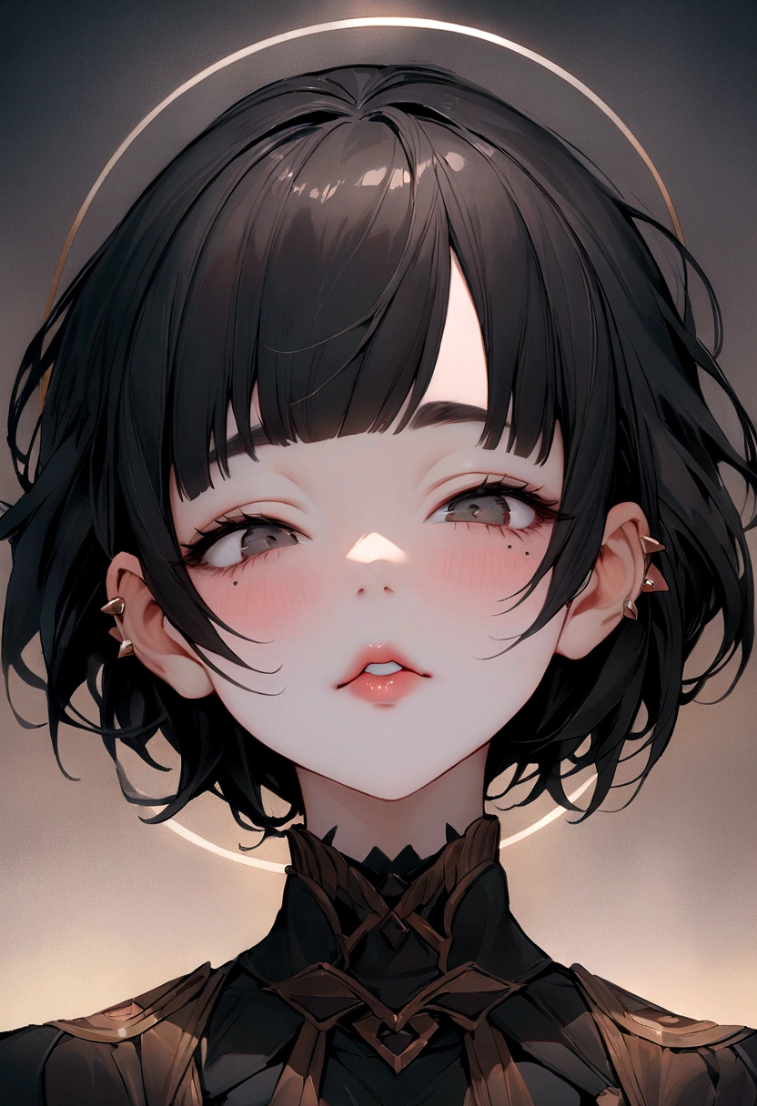 original,and its detailed CG unified 8K wallpaper,masterpiece,masterpiece,Best quality,Ultra-detailed details,Highest resolution,(Implications),Black short hair,Tilt inward,Thick bangs,There is a mole on the back of the left face,There is a mole under the right eye,White teeth,Small mouth,thick lips,The nose is slightly upturned,Eyes with double eyelids,Not big,There are two very small silver circles on the left ear.,Right ear also has,A lively feeling,Nails without nail polish,Big face,High-definition quality,Composition creation is best,The overall style is consistent