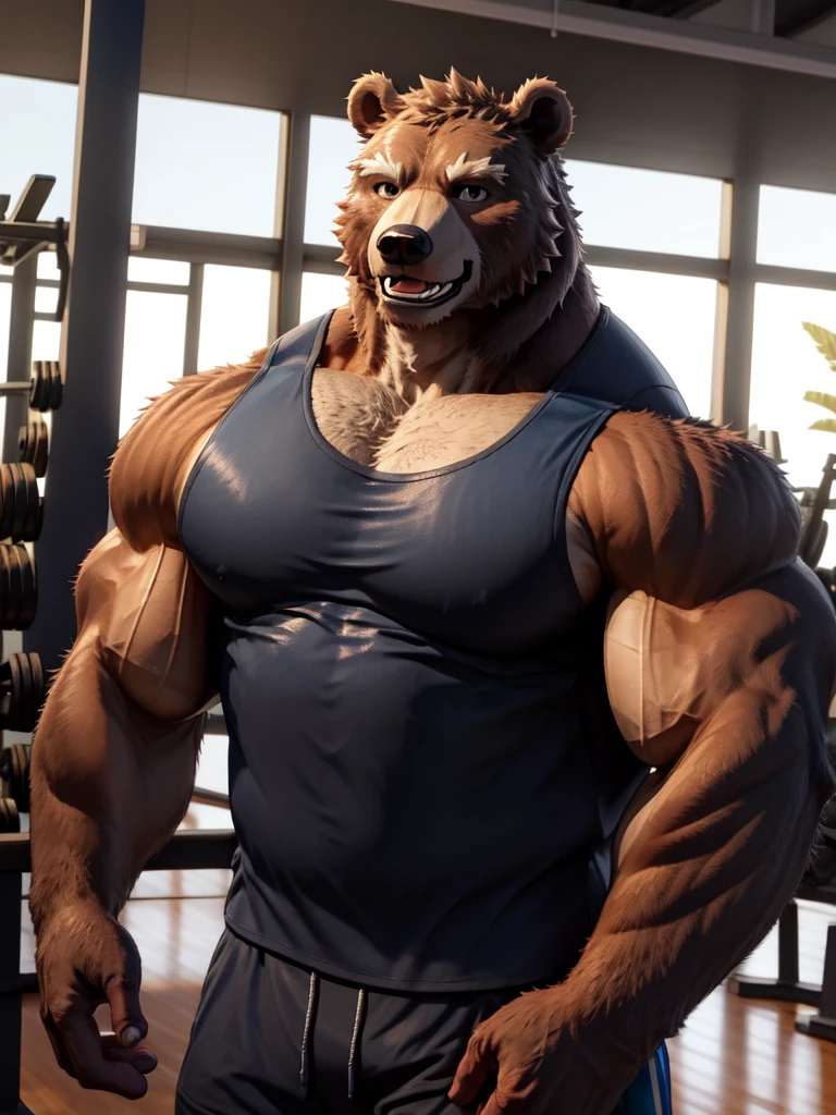 ((solo, one bear, 1man)), muscular bear wear working out as gym coach, gym tank top uniform, furry, an anthro (bear), an anthto, a old man big muscular, happy expression, extremely detailed muscle, detailed face, face, detailed eyes, eyes, detailed muscle, realistic rendering, CG realistic, 3d realistic, photography, gym background, workout reps