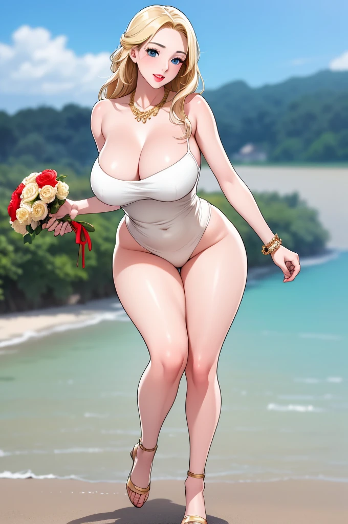 An extremely beautiful stunning busty woman, with gold blonde long silky hair, big blue eyes, extremely super bright snow white fair stunning flawless glowing lush shiny flawless white skin, a perfect tight hourglass figure, and a skinny waist, sexy thick smooth luscious legs and thighs, extremely cute smile on the face, bright pink blushes on cheeks, wearing a short sexy tight revealing yellow sexy bikini with threads, yellow heels, gold necklace on the neck, gold anklets on feet, gold chain on the waist, standing straight, holding a red roses bouquet, beach in the background, show full body from head to feet.