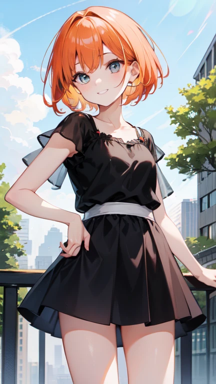 Super delicate orange haired cute girl、8k ultra high definition, Delicate texture, short hair、Black mini skirt、summer park、daytime、Friendly Smile、looking into camera