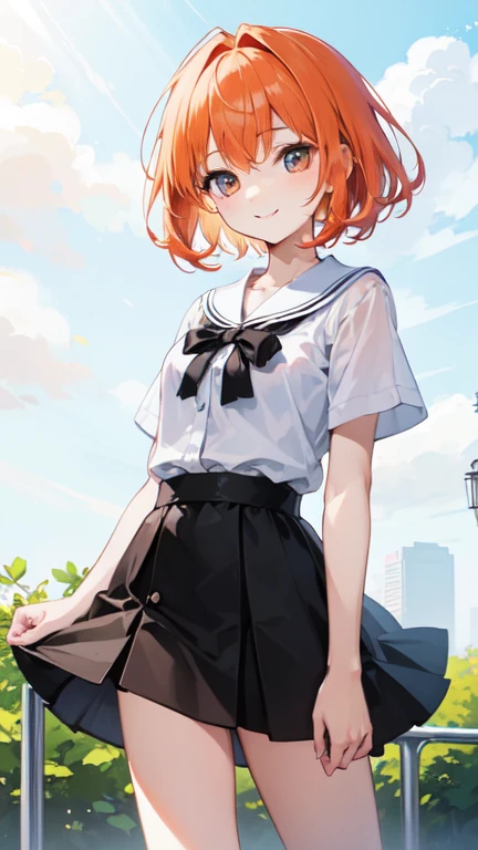 Super delicate orange haired cute girl、8k ultra high definition, Delicate texture, short hair、Black mini skirt、summer park、daytime、Friendly Smile、looking into camera