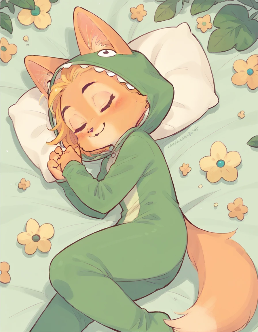 little fox, kid girlfox, yellow hair, ginger fur, blue eyes, cute kid, alone, face similar to Diane Foxington, kid, konglong, dino, wearing dinosaur costume, sleeping on the bed