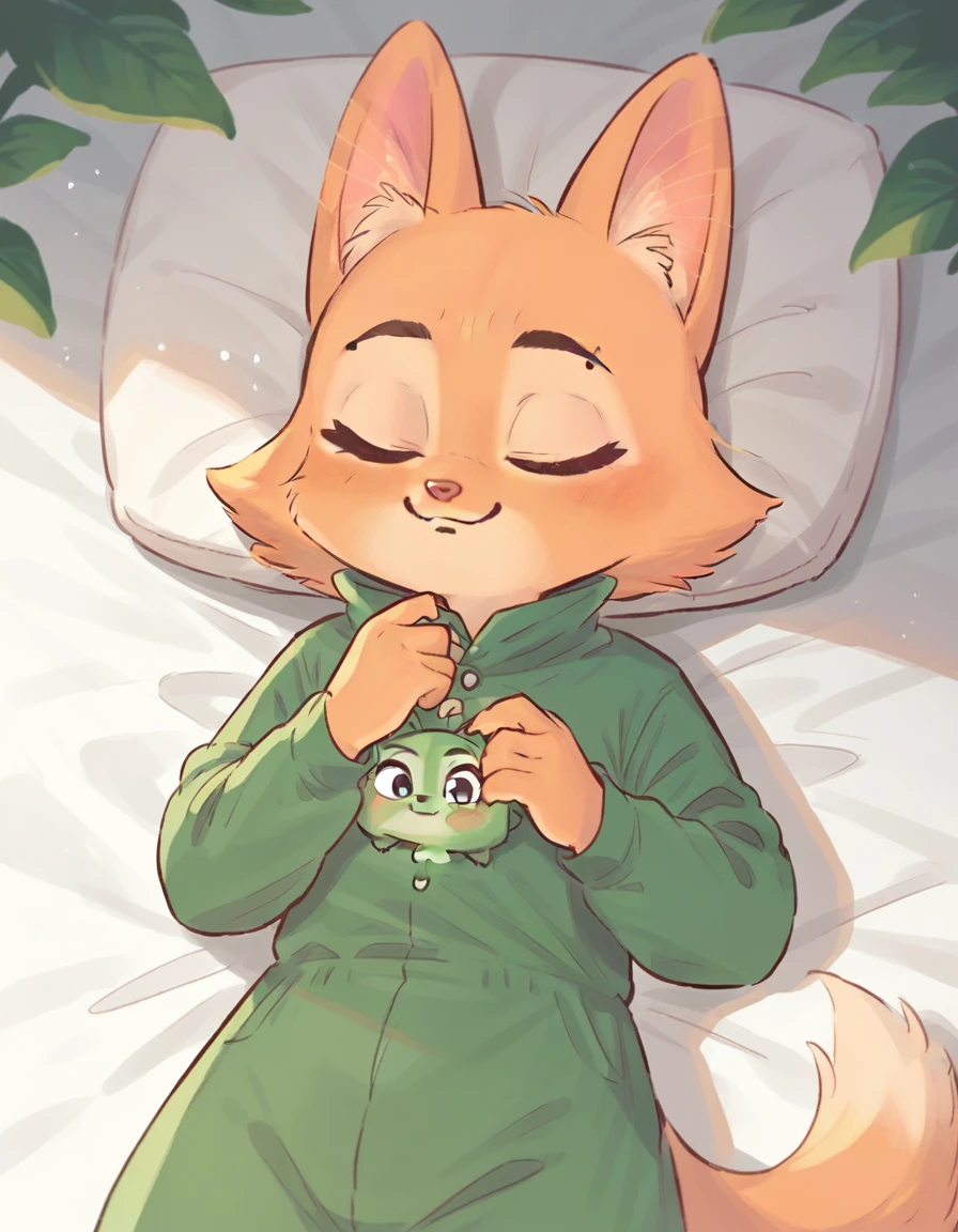 little fox, kid girlfox, yellow hair, ginger fur, blue eyes, cute kid, alone, face similar to Diane Foxington, kid, konglong, dino, wearing dinosaur costume, sleeping on the bed