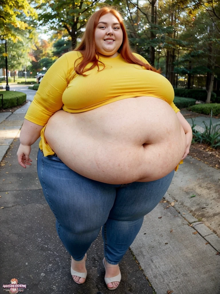 A happy photo of a young beautiful redhead ssbbw with wide hips, with long ginger hair soft fat belly, wide fat obese hips, very obese legs, thick fat wide legs and fat arms, huge wide butt, cute pretty face, small breasts, blue eyes, freckles, wearing a long yellow shirt tucked in her pants, and long jeans, standing in a park