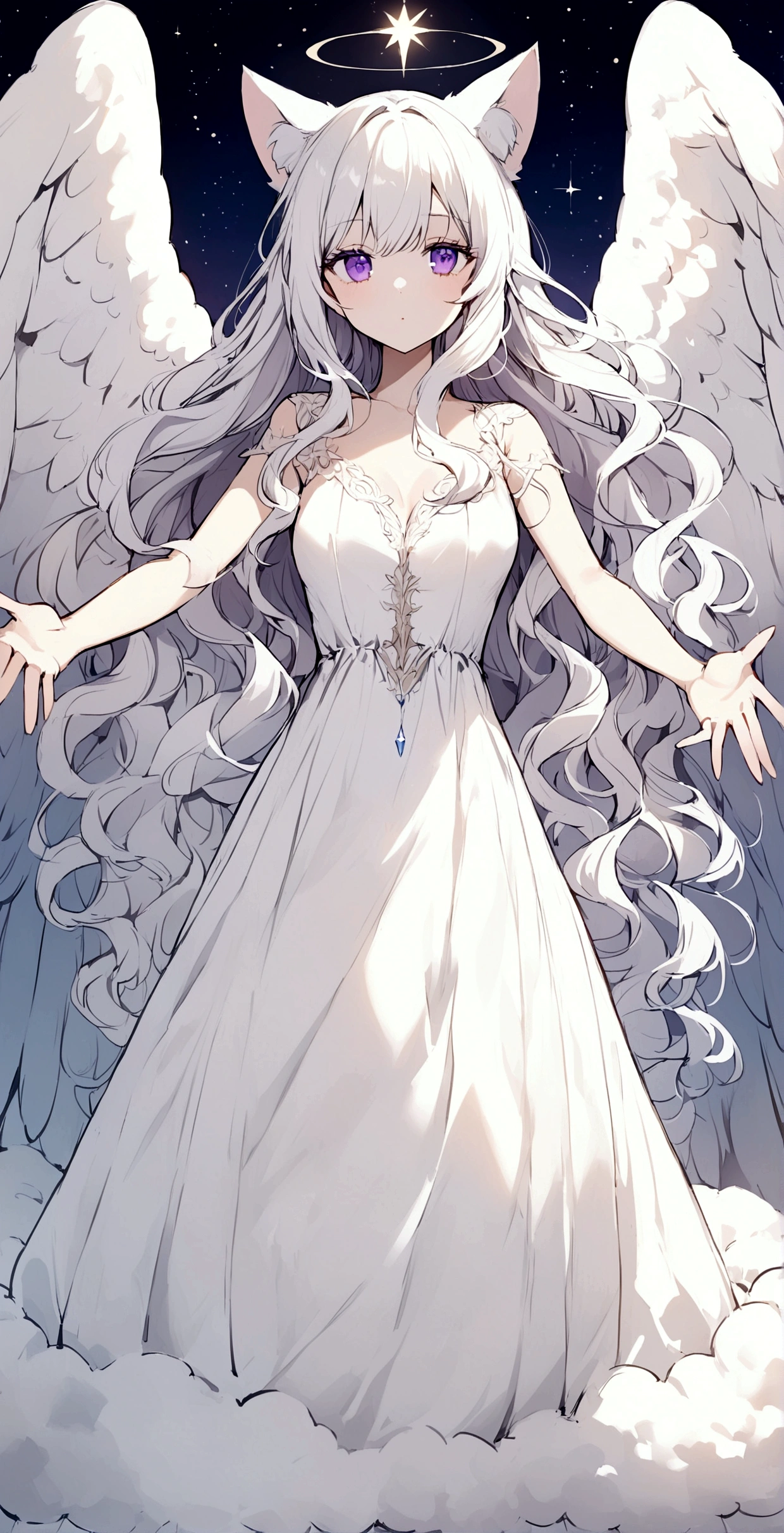 beauty,Long Wavy Hair,White hair is very attractive, Detailed and precise manual work, Attractive girl, White cat ears,Purple eyes and white eyelashes,light in your eyes,Big angel wings,Arms outstretched,delicate, A fluffy white dress like a cloud, Hand-drawn illustration,Broad background,