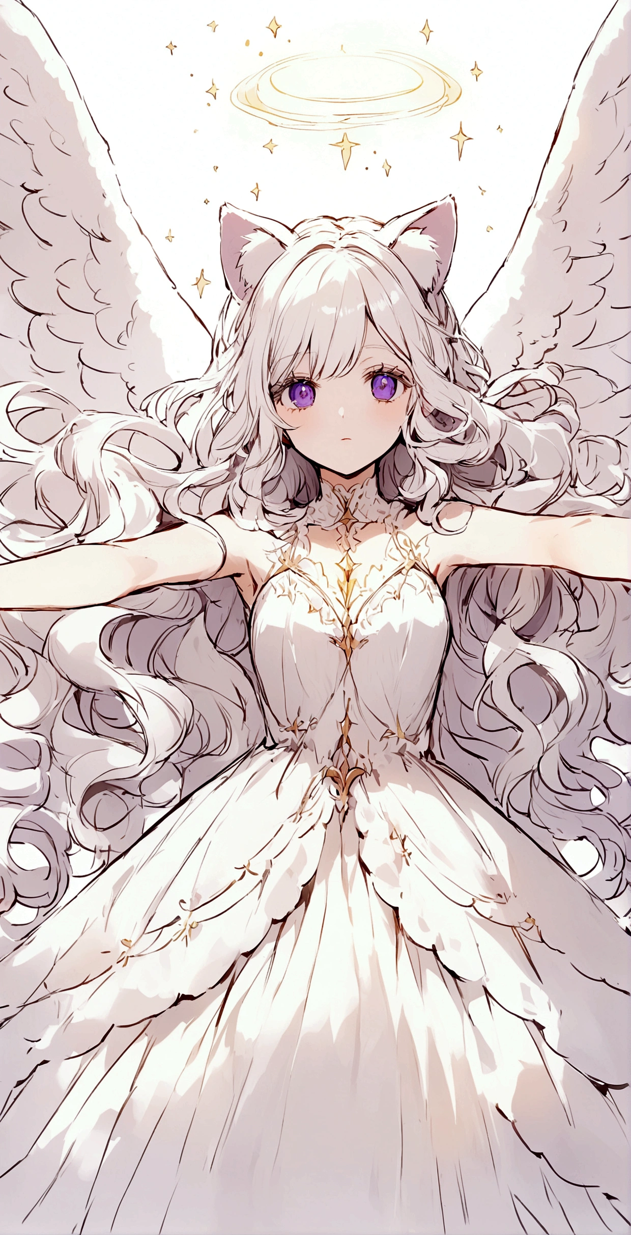 beauty,Long Wavy Hair,White hair is very attractive, Detailed and precise manual work, Attractive girl, White cat ears,Purple eyes and white eyelashes,light in your eyes,Big angel wings,Arms outstretched,delicate, A fluffy white dress like a cloud, Hand-drawn illustration,Broad background,