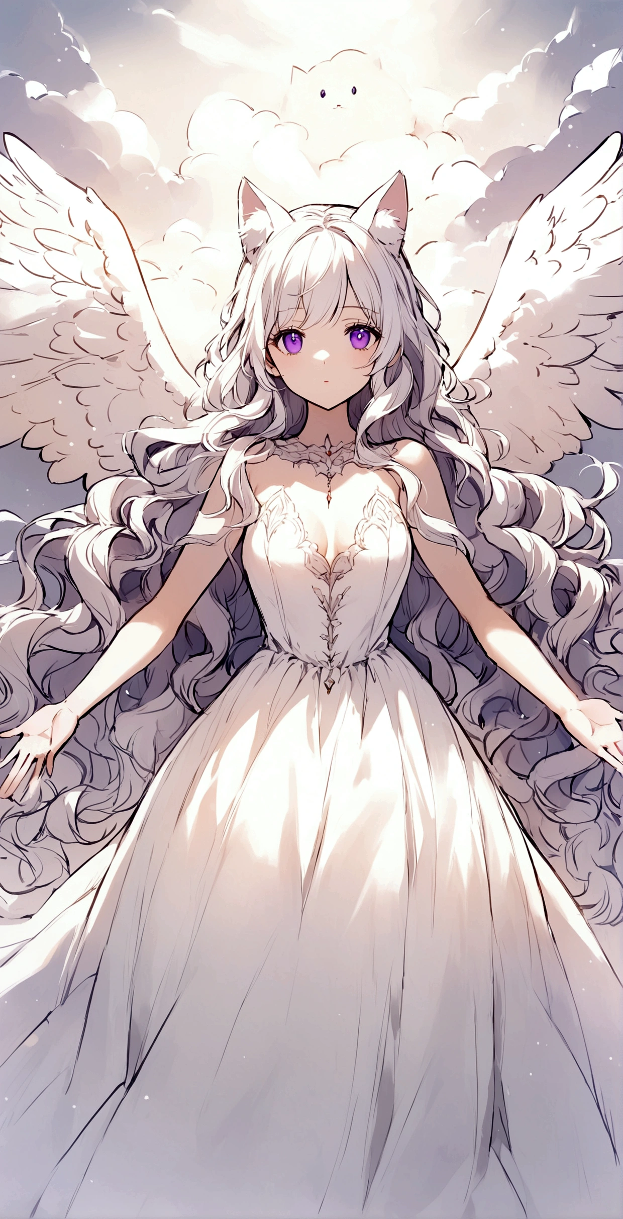 beauty,Long Wavy Hair,White hair is very attractive, Detailed and precise manual work, Attractive girl, White cat ears,Purple eyes and white eyelashes,light in your eyes,Big angel wings,Arms outstretched,delicate, A fluffy white dress like a cloud, Hand-drawn illustration,Broad background,